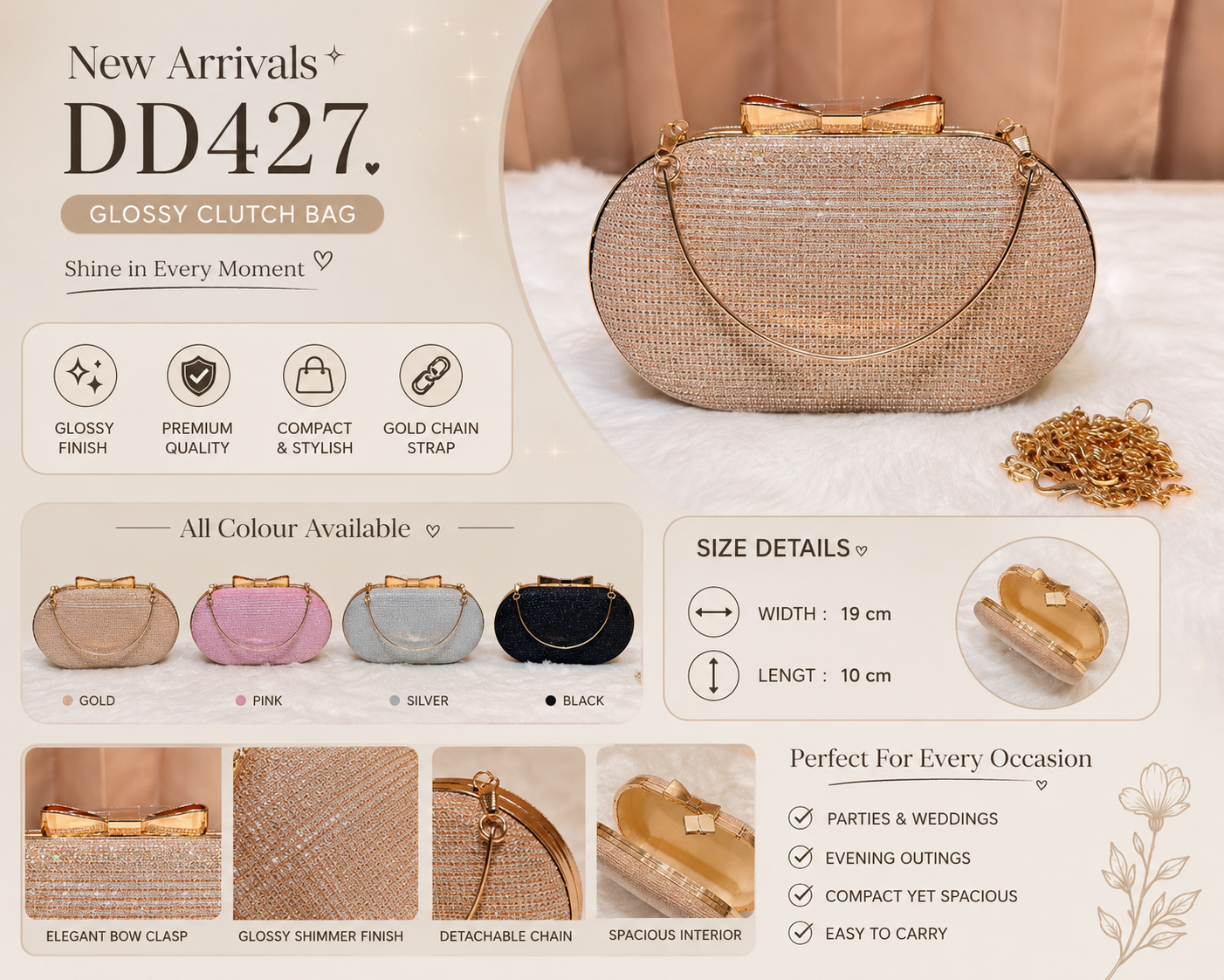 Glossy Clutch Bag for Women – Premium Party Handbag with Gold Chain Strap